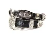 Western Belt Cowboy Silver Concho Belt Longhorn Black Floral Belt Pants Size 30