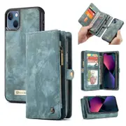 CaseMe For Apple iPhone 13 Zipper & Detachable Retro Leather Pouch Wallet Flip Purse Bag Detachable Phone Case Cover (Sky Blue)