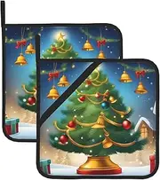 Christmas Tree and Bells Potholders BBQ Pot Holders for Heat Resistant Potholder, Hot Pads,Cooking Baking(2-Pack)