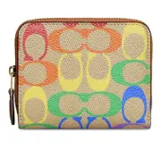 ❤️ Coach Billfold Wallet Brass/Tan Natural Multi In Rainbow Signature Canvas
