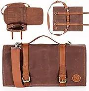 Beemojo Bartender tool bag waxed canvas water resistant adjustable shoulder straps genuine leather handles 16 pockets holds 33oz bottle mobile travel design - Bag ONLY