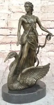 Signed M.Lopez Leda and the Swan Bronze Marble Mythical Greek Sculpture Figure