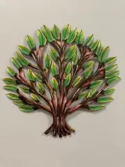 Painted TREE OF LIFE Plaque, Haitian Metal Recycled Outdoor Art Wall Sculpture