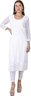 [ladyline] Womens Georgette Chiffon Chickankari & Sequins Work Kurti Tunic Kurta (White, 36)