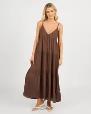 [Rhythm] Rhythm Women's Classic Tiered Midi Dress in Chocolate Brown Size 8 8 Chocolate Brown