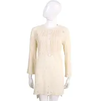 在飛比找Yahoo奇摩購物中心優惠-SCERVINO 米黃色百摺蕾絲長袖洋裝