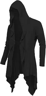 RAGEMALL Mens Ruffle Shawl Collar Cardigans Long Hooded Cardigan Open Front Lightweight Drape Cape Sweater with Pockets