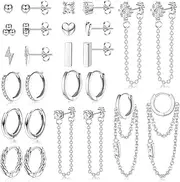 [Kakonia] 13 Pairs Small Earrings Set for Women Surgical Steel Hoop Earrings mit Chain Hypoallergenic Cartilage Dangle Stud Earrings Heart Zirconia Tiny Earrings Set for Multiple Silver/Gold