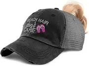 [Speedy Pros] Womens Ponytail Cap Beach Hair Don't Care Style E Ocean Distressed Trucker Caps