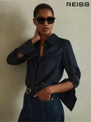 Reiss Navy Hailey Silk Double-Cuff Button-Through Shirt (D72433) | $395