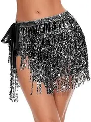 [PPGGOPP] Sequin Tassel Skirt, Women's Belly Dance Skirt Costume Sequins, Skirt with Sequins, Glitter Skirt, Warp Sequins Fringe Skirt
