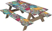 Picnic Table Set with Bench Cover, Picnic Table Covers with Elastic Band, 3-Piece Elastic Picnic Table Cover Set for Outdoor Use, Camping Table Cover with Bench Cover for Par