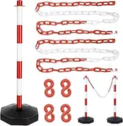 [Jualyue] Traffic Delineator Posts with Base Plastic Barriers with 2 Barrier Chains for Driveways Garages Gates Parks Red and White