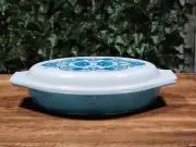 VINTAGE: PYREX HORIZON BLUE DIVIDED OVAL CASSEROLE DISH WITH PATTERNED LID