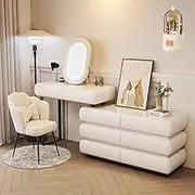 Vanity Desk with Mirror,Telescopic Dresser with 8 Drawers and 1Chair,3 Lighting Modes,Makeup Vanity Table Lots Storage,Gifts for Girls(C,White_80CM)