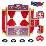 Imaginative Play Wooden Puppet Theater with Clock & Interchangeable Blackboard