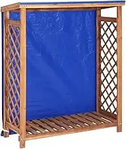 Firewood Storage Shed 105x38x115 cm Solid Acacia Wood, Indoor Outdoor Firewood Organizer with Blue Tarp, Fireplace Accessories Holder