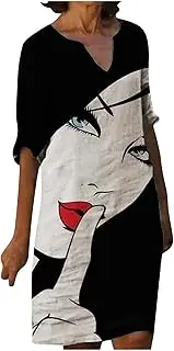 [Generic] Plus Size Dress Linen Women Summer Knee Length Caftan Fashion Print V Neck Dress Skirt (Black Small)