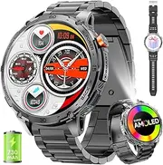 Military Smart Watch for Men 1.75" HD AMOLED Display 730mAh Battery Smart Watches with LED Flashlight for Android iOS（Bluetooth Call Answer/Dial Calls） Fitness Tracker Black Steel Strip