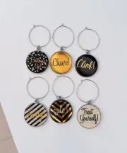 Set of 6 Wine Glass Charms Markers Identifier Id Tags Metal for Stem Party