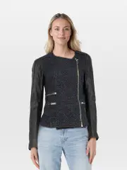 Navy & Black Tweed & Leather Zip Up Jacket