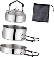Perfk Cooking Gear Camping Pot Frying Pan Kettle with Storage Bag Stainless Steel Camping Cooker Set Cooking Set for Traveling BBQ