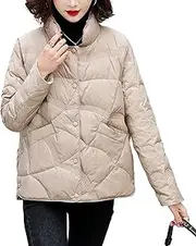 [Zylphorix] Women Cropped Snaps Quilted Down Coat Stand Neck Button Down Puffer Jacket Winter Lightweight Long Sleeve Overcoat
