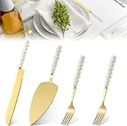 Cake Knife and Server Set, Easy to Use and Clean Cake Knife Set, Cake Knife Server for Wedding, Birthday, Parties and Anniversary, Gold and Silver (Gold)