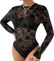 [FEOYA] Body Women's Sexy Sheer Mesh Bodysuit Transparent Mesh Top Elegant Slim Top Sexy Long Sleeve Mesh Jumpsuit Black S, black flowers, Small