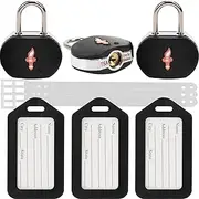 [dwoyow] TSA Approved Luggage Locks 3 Pack with Luggage Tags | 6 Keys, Black Travel Lock Bundle - Solid Brass Core & Rubber Armor Padlocks for Suitcases, Backpacks (TSA Certified)