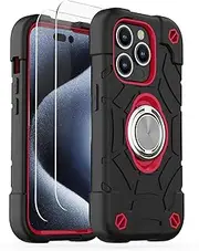 KCJ Compatible with iPhone 15 Pro Max Case with[2×Screen Protectors] Duty 3-Layer Rugged Pocket-Friendly Military Grade Shockproof/Drop Proof/Heavy Duty Phone Case 6.7 inch. (Black+Red)