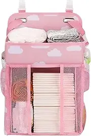TOMVAES Hanging Nappy Organiser, Changing Table Caddy for Cot, Playard, Nursery With Mesh Pockets (Pink)