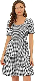 [Allegra K] Women's Smocked Ruffle Sleeve Plaid Layer Mini Dress