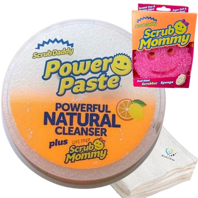 Scrub Daddy Power Paste + Pink Scrub Mommy Sponge + Cotton Kitchen Towel Set