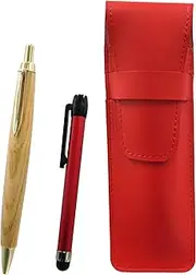Slim Cowhide Leather Pen Case Red Metal Touch Stick Red and Maple Wooden Axis Retro Ballpoint Pen Set ASR-ALR-HS47S