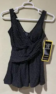 Miraclesuit Plus Size 16W One Piece Swim Dress Polka Dot Black Built In Bra v5