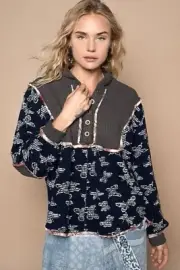 Butterfly Waffle-Knit Hooded Half Button Top