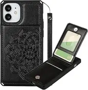 Cavor for iPhone 12 Mini Wallet Case Flip Magnetic Clasp PU Leather Shockproof TPU Back Cover Flower Cases Lanyard Card Slots Holder Kickstand Protective Case-Vertical Mandala Black