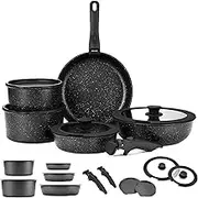 Gourmetific Cookware Set, 9/11/15 Piece Nonstick Maifan Cookwares Sets, with Detachable Handle, Oven Safe, Super Easily Clean (Black,15-Piece Set)