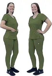 [ANGIE UNIFORMS] PREMIUM Jogger Scrubs for Women Set. Side Spandex 2 Pockets Top/Tapered Leg Jogger Pants. Soft and Stretchy.