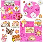 Whaline 3Pcs Groovy Boho Fondant Molds Groovy Hippie 3D Silicone Moulds Daisy Boho Rainbow Pattern Resin Molds Peace & Love Cupcake Cookie Baking Decorating Moulds for Spring Summer Party DIY Candy