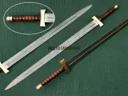 Custom Handmade Damascus Steel 39" Long Viking Style Sword with Leather Scabbard
