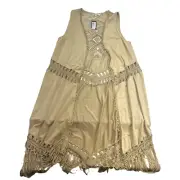 Miss Me Womens Size Large Tan Long Fringe Cardigan Vest Embroidered Faux Suede