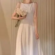 Spaghetti Strap Crew Neck Plain Maxi A-Line Dress Almond - L