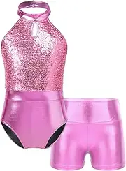 [Aislor] Kids Girls Shiny Sequins Halter Backless Gymnastics Ballet Dance Leotard With Metallic Shorts Set Dancewear