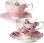 Btat- Floral Tea Cups and Saucers, Set of 2, 8Oz, with Gold Trim, Coffee Cups, F