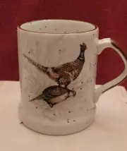 Vintage Mid Century Speckled Stoneware Japan Pheasants Mug