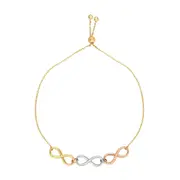 14k Tri Color Gold Infinity Charms Adjustable Bracelet, 9.25"