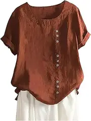 BCDlily Womens Linen T-Shirt Solid Color Floral Embroidery Vintage Short Sleeve Tops Crew Neck Loose Casual Plus Size Blouse