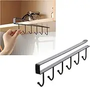 Gouccpu 1 Pack Hanging Hooks Rack Under Cupboard Cabinet Cup Holder 6 Hooks Drilling Free Coffee Mug Holder Kitchen Utensil Storage Organizer Hook Rack (Black)